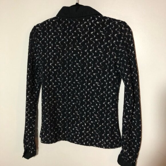 Anne Fontaine black white open knit lace collared long sleeve blouse sz 3 sheer - Picture 2 of 11
